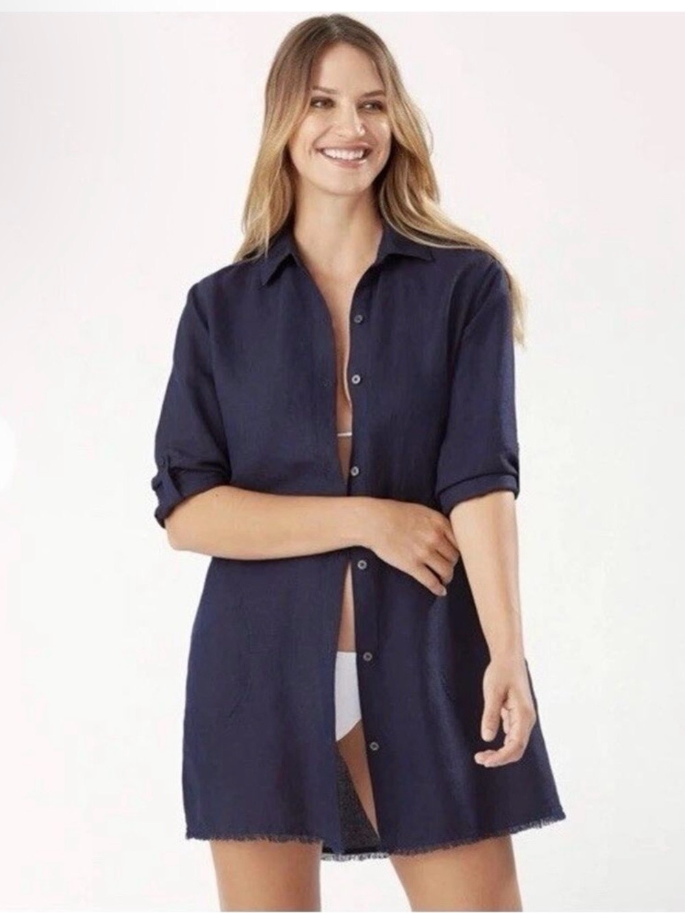 Tommy Bahama St. Lucia Boyfriend Shirt in Navy Linen, NWT Size Large